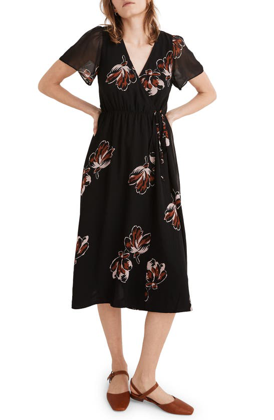 Madewell Duskblossom Georgette Midi Wrap Dress In True Black | ModeSens